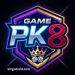 PK8 Game logo featuring a metallic shield, crown, and dice with a casino theme.