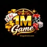 Gold 1M Game logo with playing cards, poker chips, dice, roulette wheel, and coins on black background.