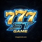 St777 Game logo with glowing gold and blue neon text on a dark tech background.