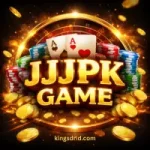 Golden JJJPK Game casino logo with poker chips, dice, cards, and coins on a dark glowing background.