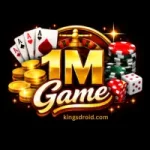 1M Game logo in gold with playing cards, roulette wheel, poker chips, dice, and gold coins on a black background.