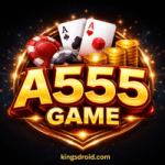 A555 Game logo with playing cards, chips, coins, and dice on a dark glowing background.
