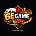 Gold and silver 6E GAME logo with cards, roulette wheel, chips, and dice on a dark black background.