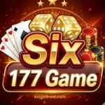 Six 177 Game logo with gold text, 3D dice, playing cards, and casino chips on a luxury dark red background.